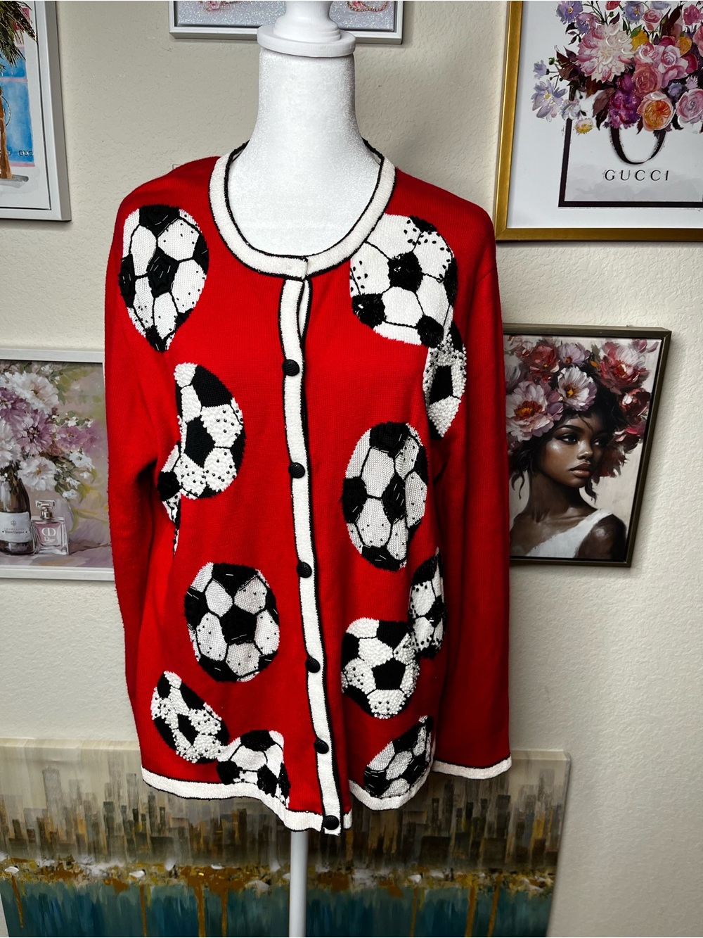 Vintage Red Soccer Ball Knit Cardigan Sweater
